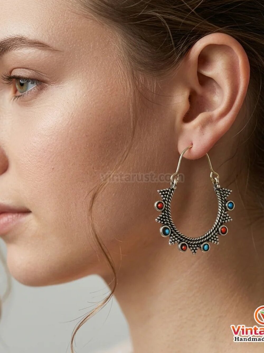 Vintage Oxidized Silver Hoop Earrings: Tribal Light Weight Hoop Earrings